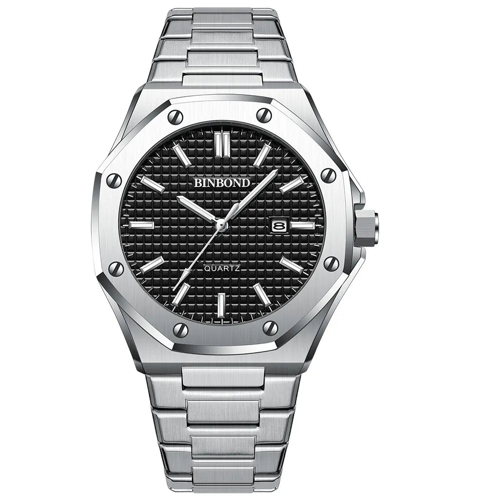 Silver octagonal bezel bracelet watch with black dial