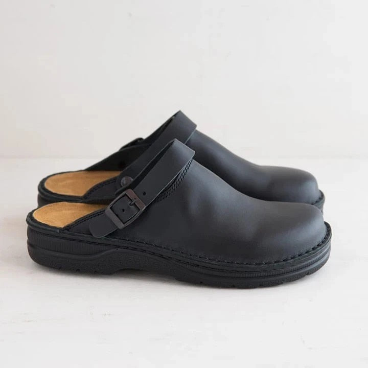 Pair of black buckle-strap clog slippers