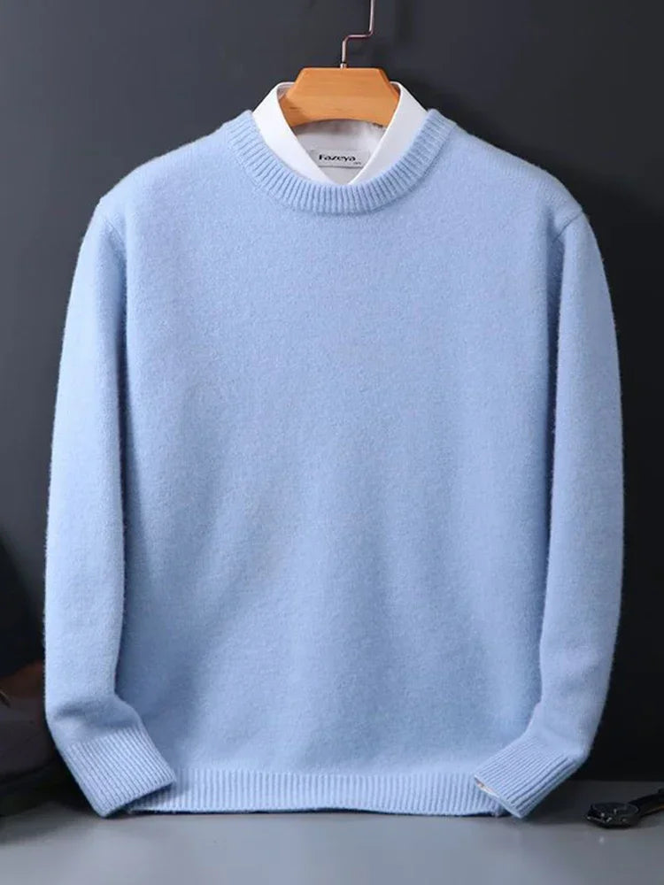 Light blue fine-knit crew neck sweater on a hanger