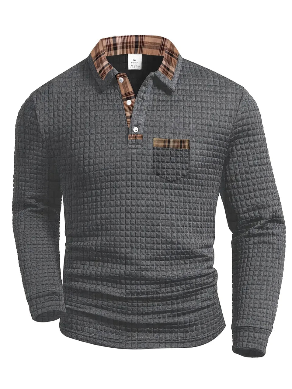 Gray plaid-collar long-sleeve polo
