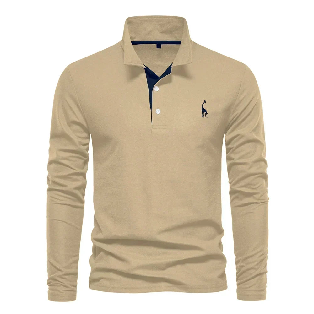Khaki long-sleeve polo shirt with a navy contrast placket