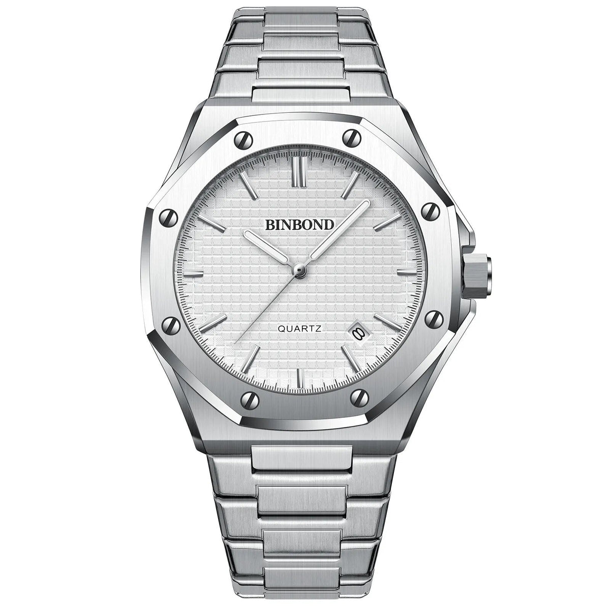 Silver octagonal bezel bracelet watch with white dial