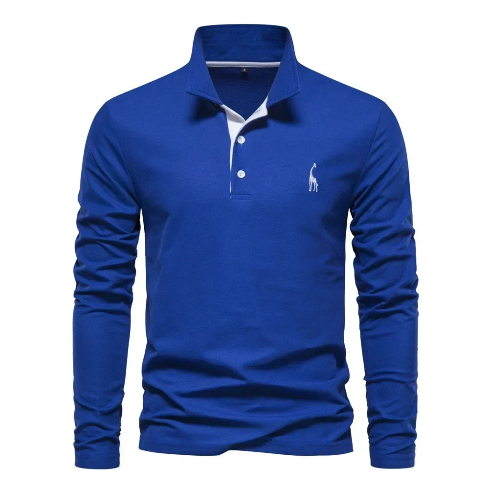 Royal blue long-sleeve polo shirt with a white contrast placket