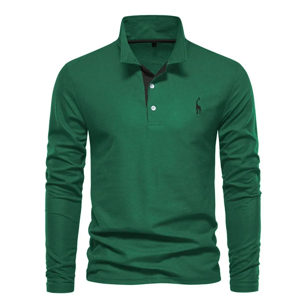 Green long-sleeve polo shirt with a black contrast placket
