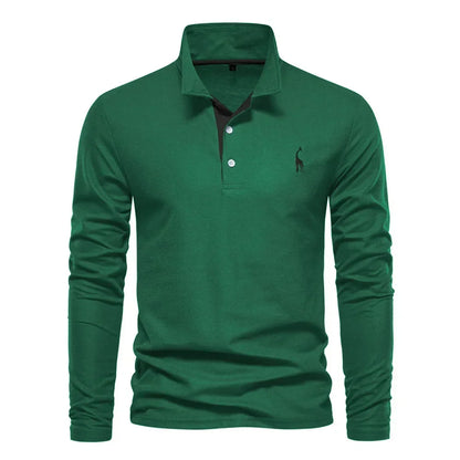 Green long-sleeve polo shirt with a black contrast placket