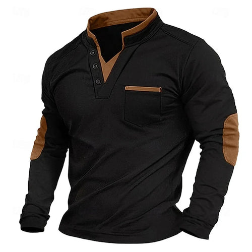 Black elbow-patch henley pullover with brown collar, placket, pocket and elbow trim