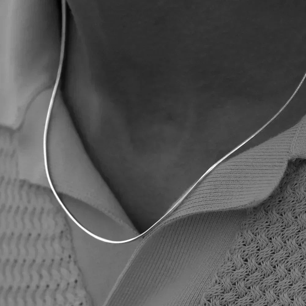 Flat herringbone chain necklace worn with a knit polo