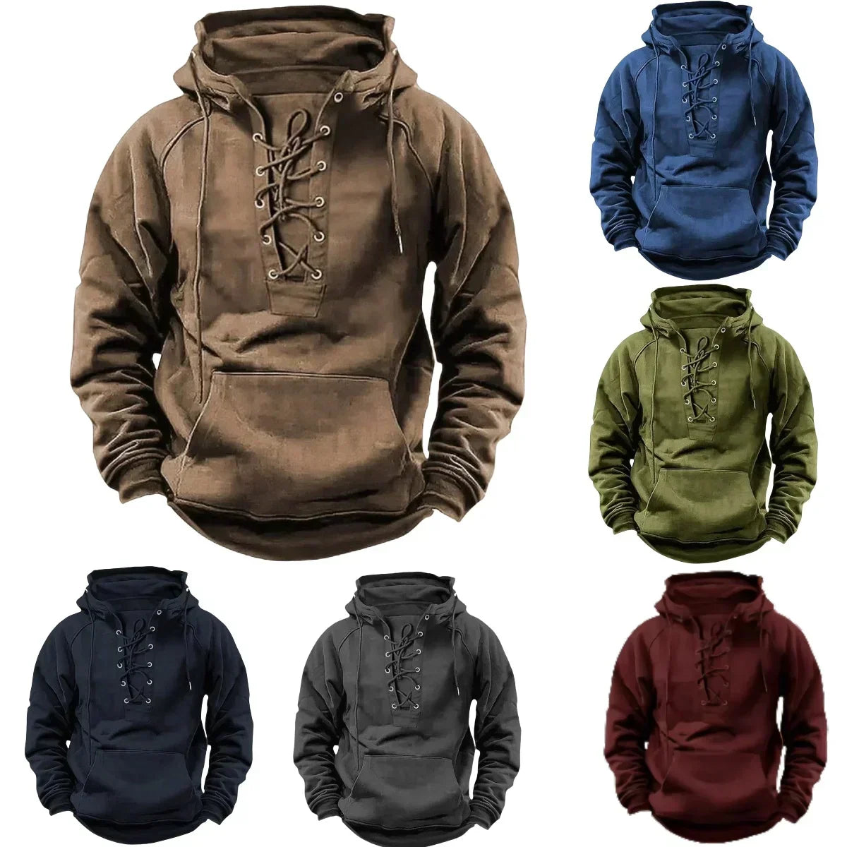 Lace-up neck pullover hoodies in six colors