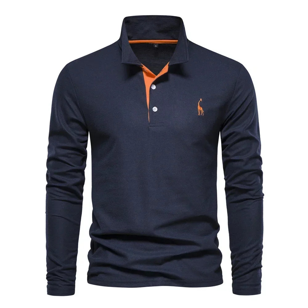 Navy blue long-sleeve polo shirt with an orange contrast placket