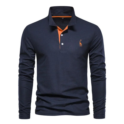 Navy blue long-sleeve polo shirt with an orange contrast placket