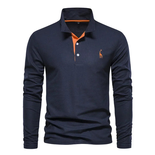 Navy blue long-sleeve polo shirt with an orange contrast placket