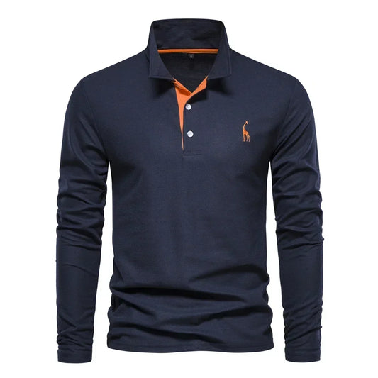 Navy blue long-sleeve polo shirt with an orange contrast placket