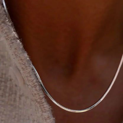 Fine snake chain necklace worn, close-up
