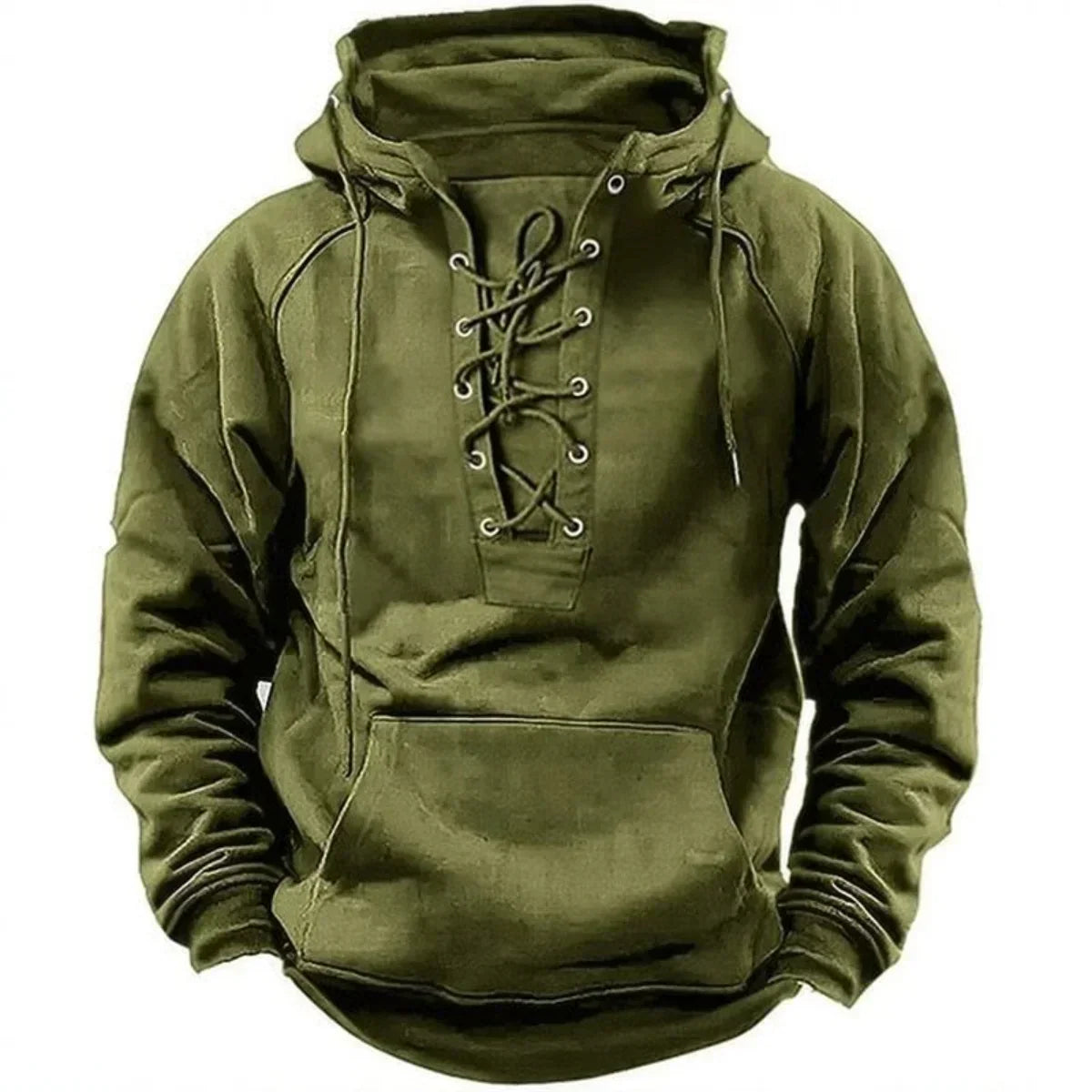 Green lace-up neck pullover hoodie
