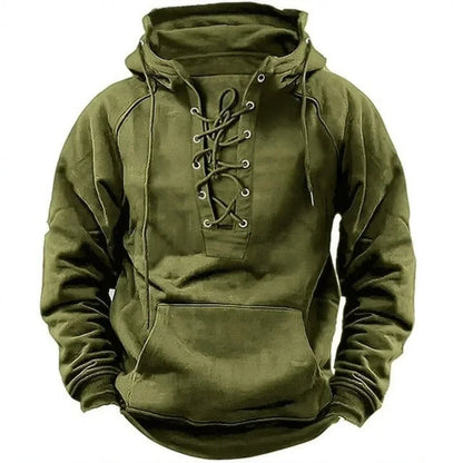 Green lace-up neck pullover hoodie