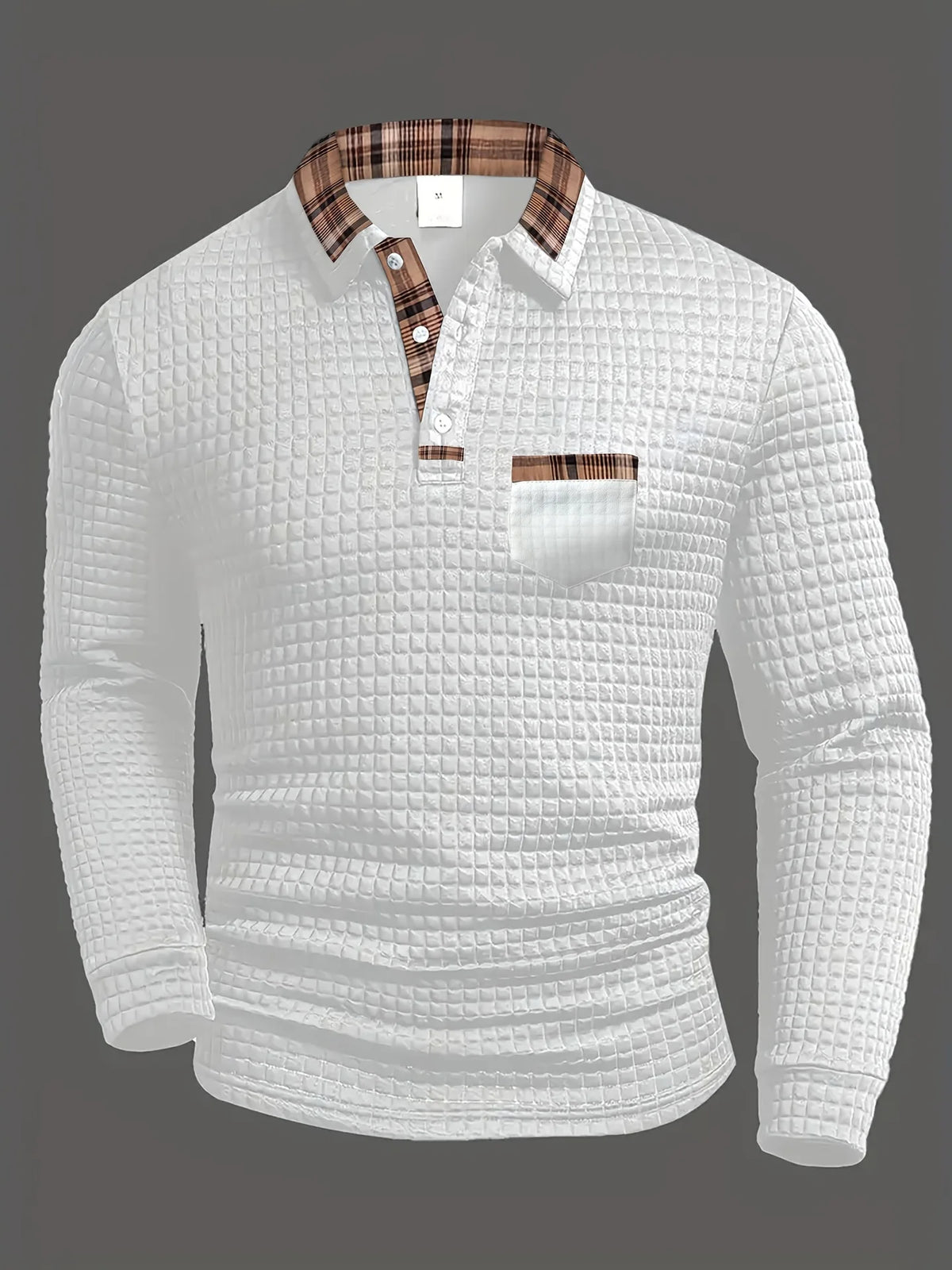 White plaid-collar long-sleeve polo