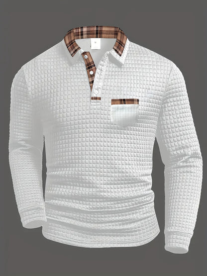 White plaid-collar long-sleeve polo