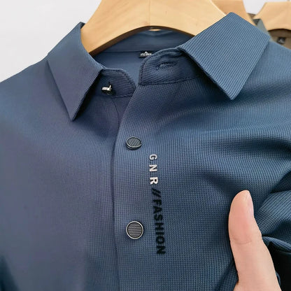 Steel blue waffle knit polo shirt, close-up