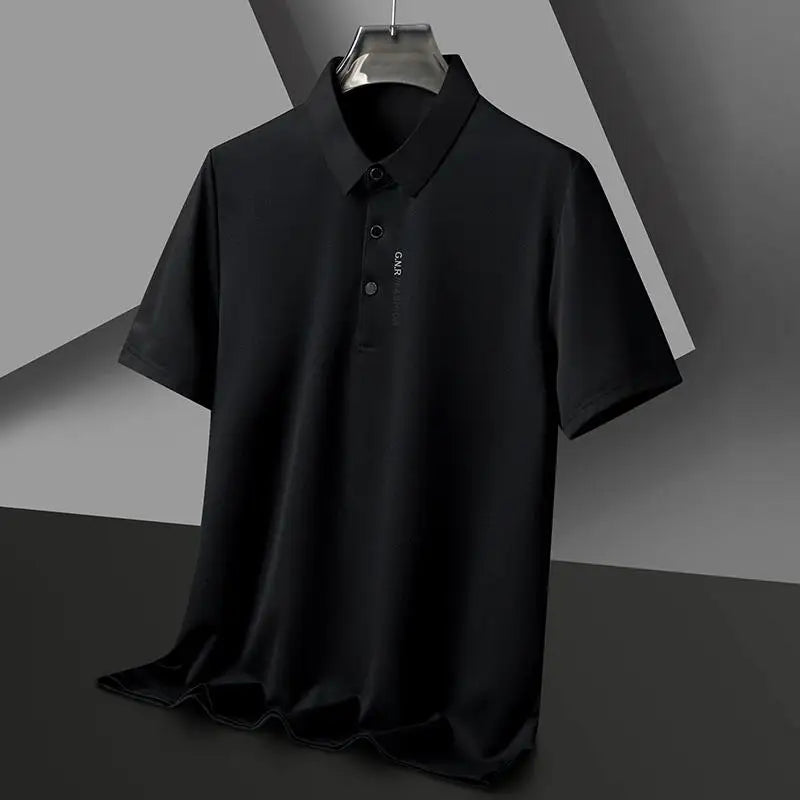 Black waffle knit polo shirt on a hanger