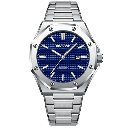 Silver octagonal bezel bracelet watch with blue dial