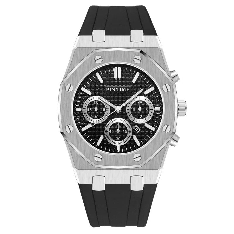 Silver octagonal chronograph watch with black dial