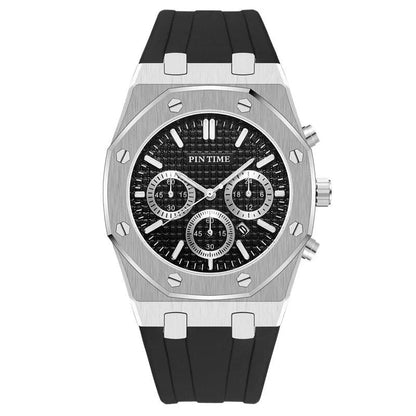 Silver octagonal chronograph watch with black dial