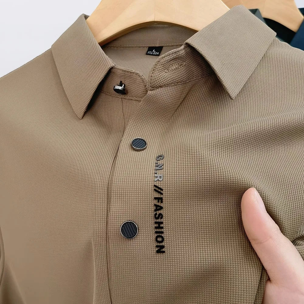 Beige waffle knit polo shirt, close-up