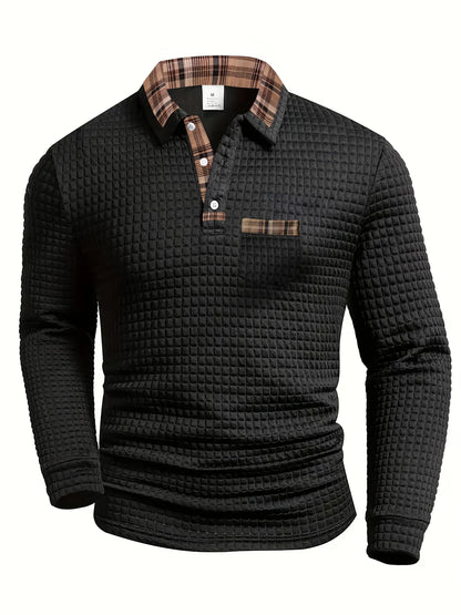 Black plaid-collar long-sleeve polo