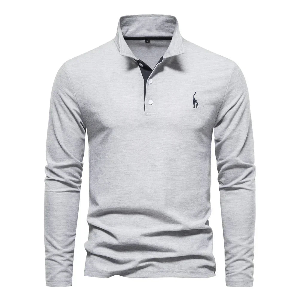Gray long-sleeve polo shirt with a black contrast placket