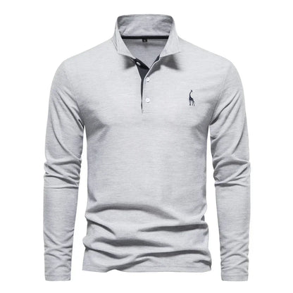 Gray long-sleeve polo shirt with a black contrast placket