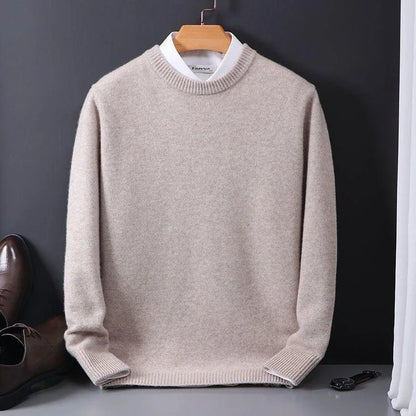 Camel fine-knit crew neck sweater on a hanger