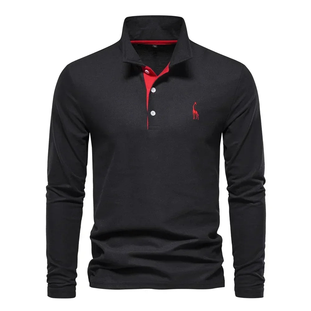 Black long-sleeve polo shirt with a red contrast placket