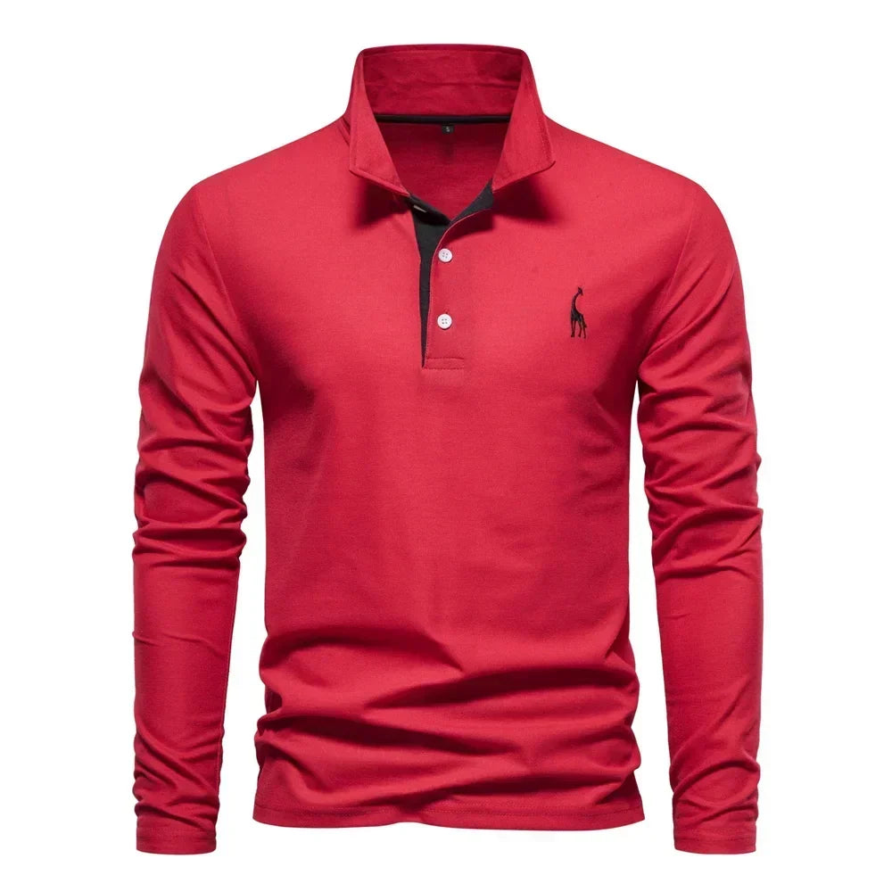 Red long-sleeve polo shirt with a black contrast placket