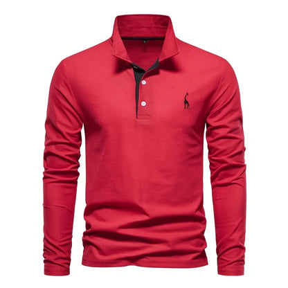 Red long-sleeve polo shirt with a black contrast placket