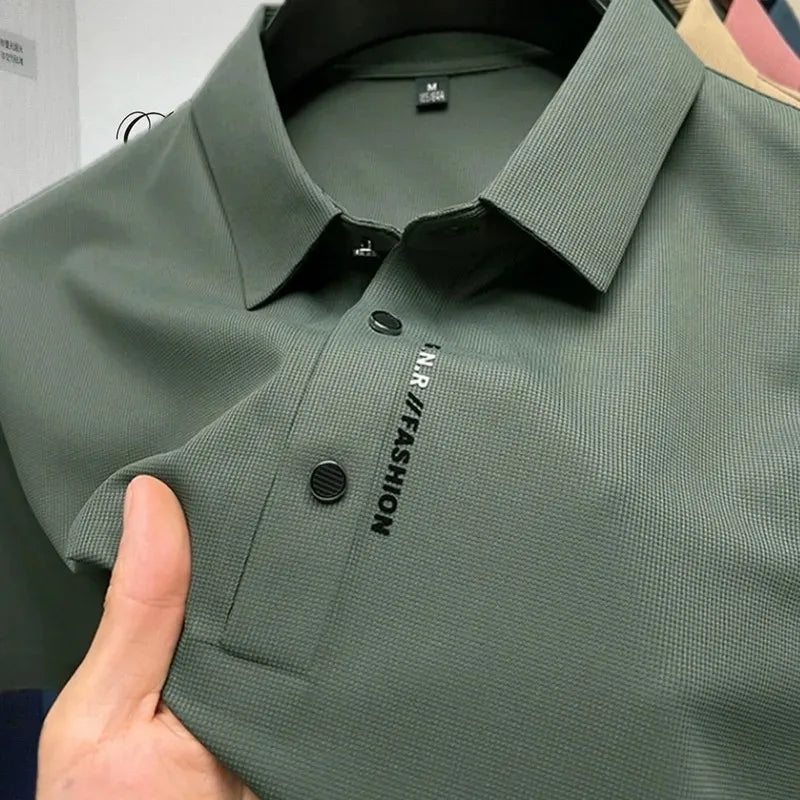 Green waffle knit polo shirt, close-up