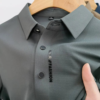 Gray waffle knit polo shirt, close-up