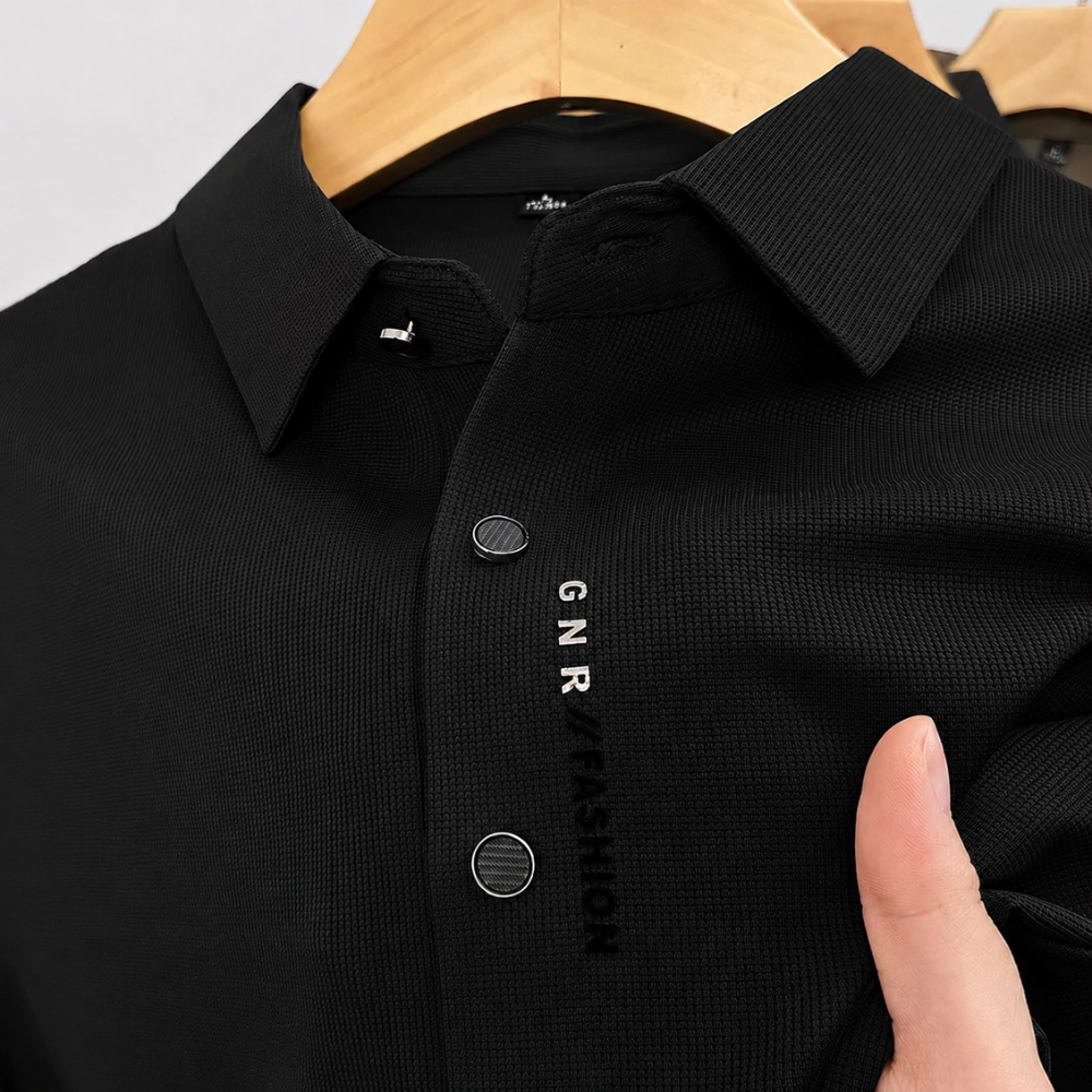 Black waffle knit polo shirt, close-up