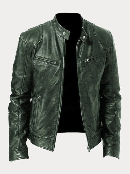 Military green stand-collar cafe racer jacket