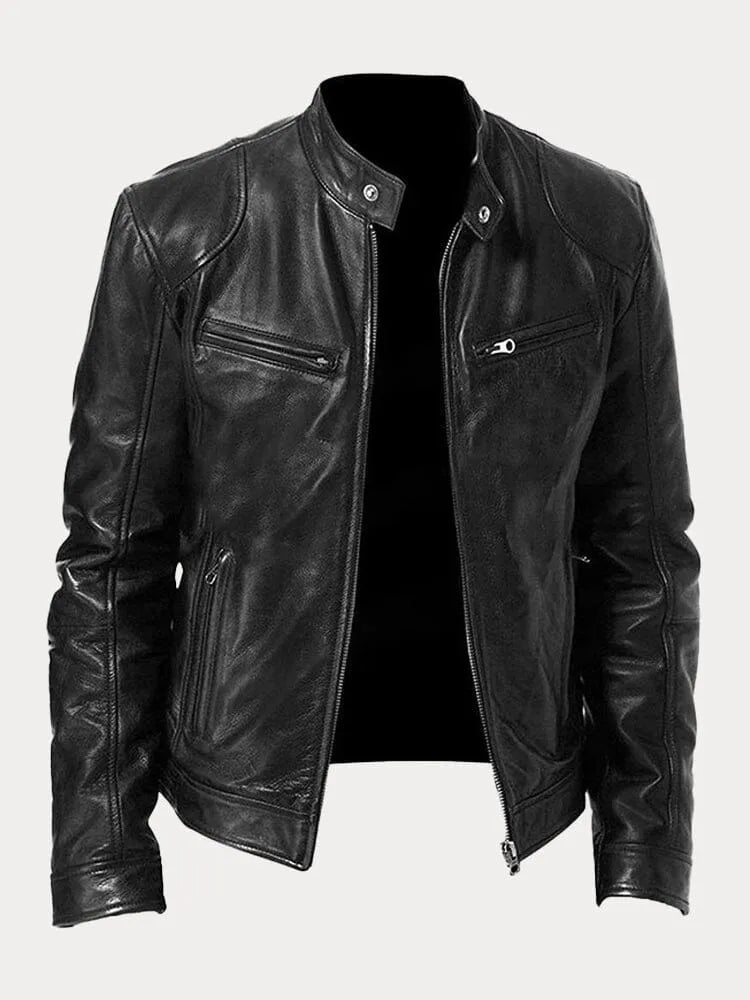 Black stand-collar cafe racer jacket