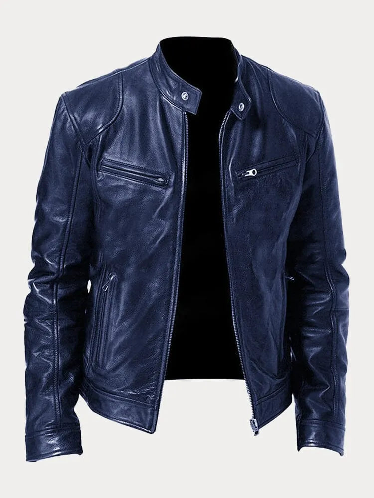 Navy blue stand-collar cafe racer jacket