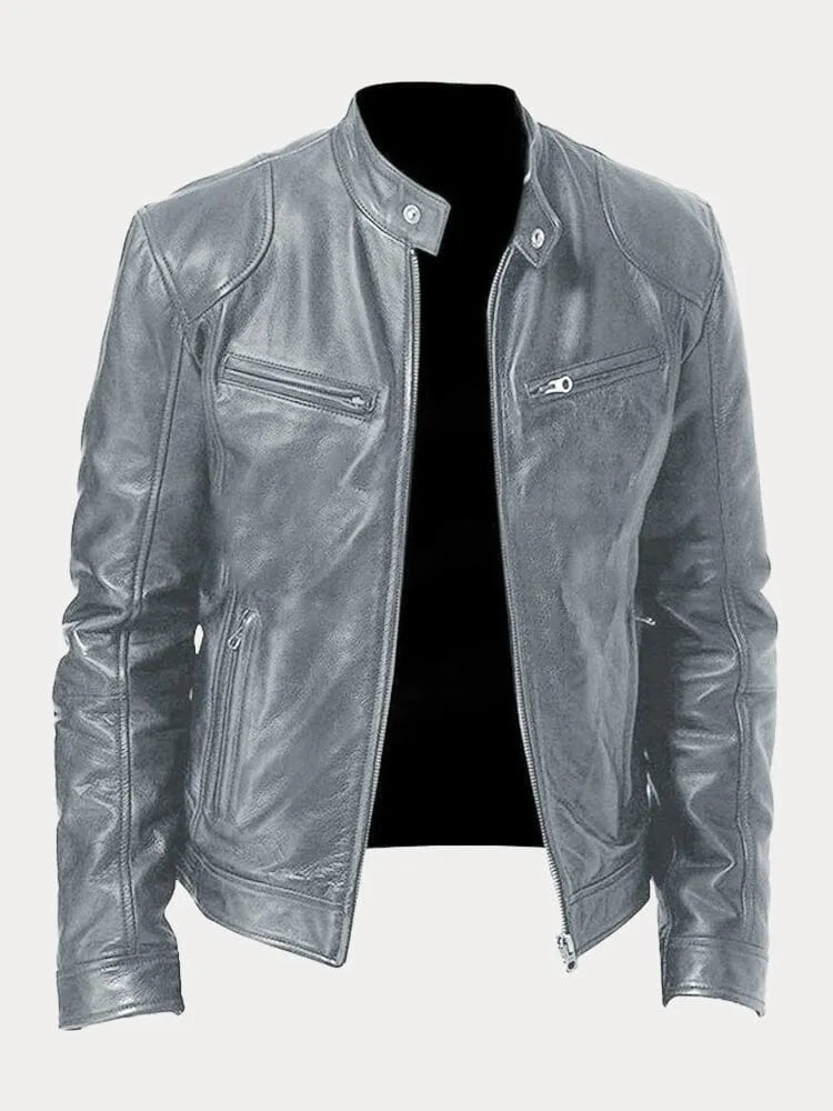 Gray stand-collar cafe racer jacket