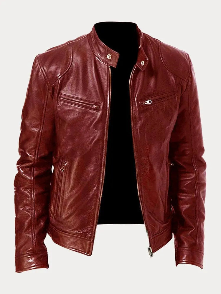 Burgundy stand-collar cafe racer jacket