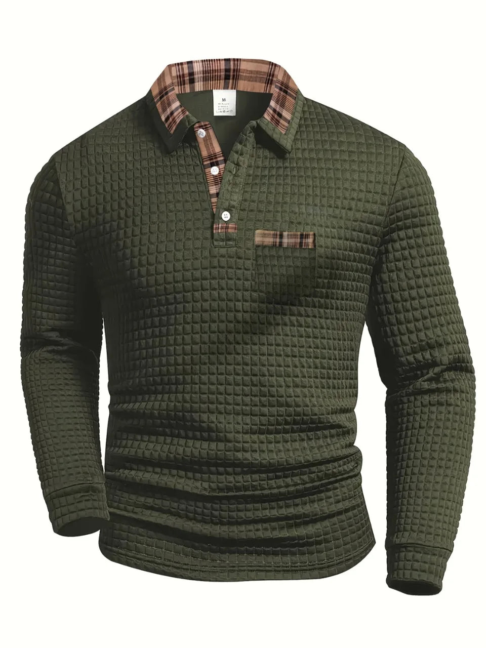 Military green plaid-collar long-sleeve polo
