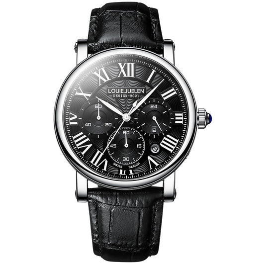 Roman numeral dress watch with black dial and black strap