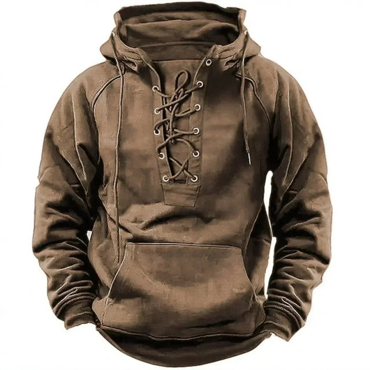 Khaki lace-up neck pullover hoodie
