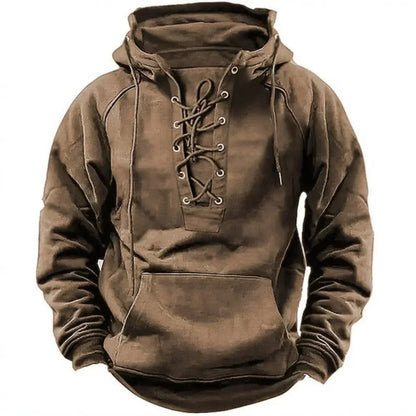 Khaki lace-up neck pullover hoodie