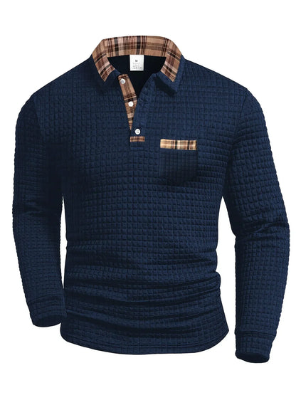 Navy blue plaid-collar long-sleeve polo