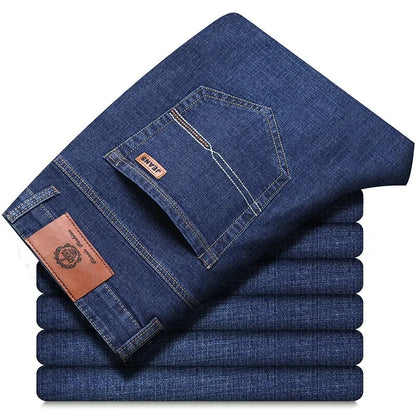Blue slim-fit five-pocket jeans, folded