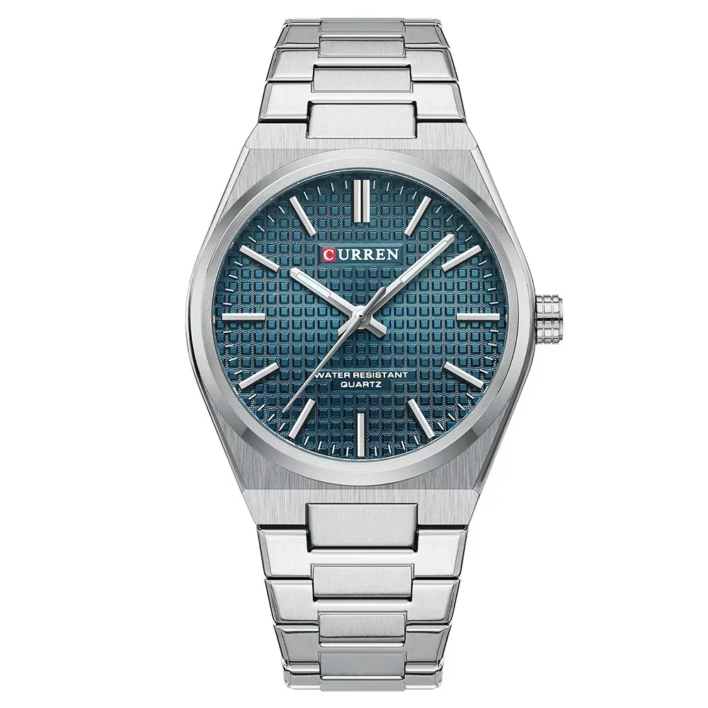 Silver textured dial bracelet watch with blue dial