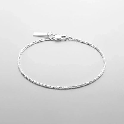 Silver-tone snake chain bracelet laid flat with lobster clasp and bar tag